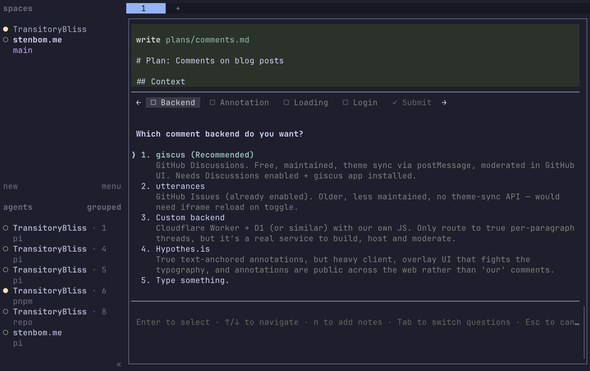 pi in a herdr pane, asking which comment backend to use with four options to pick from; herdr’s sidebar on the left lists the spaces and the running agents