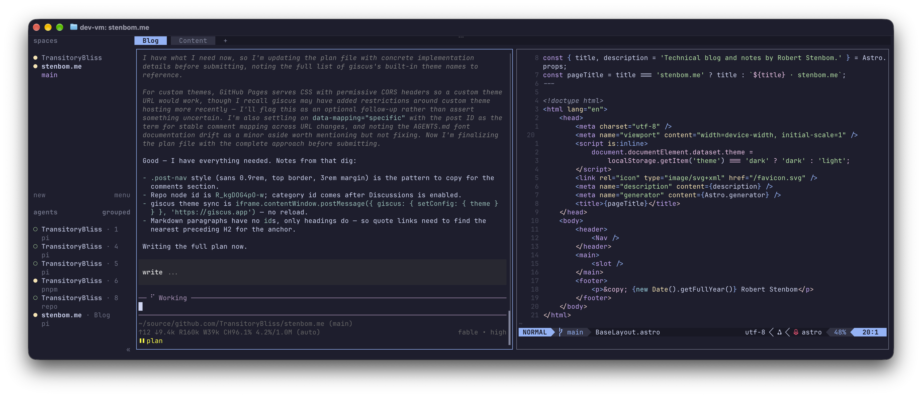 herdr with several panes open and the sidebar showing the running agents