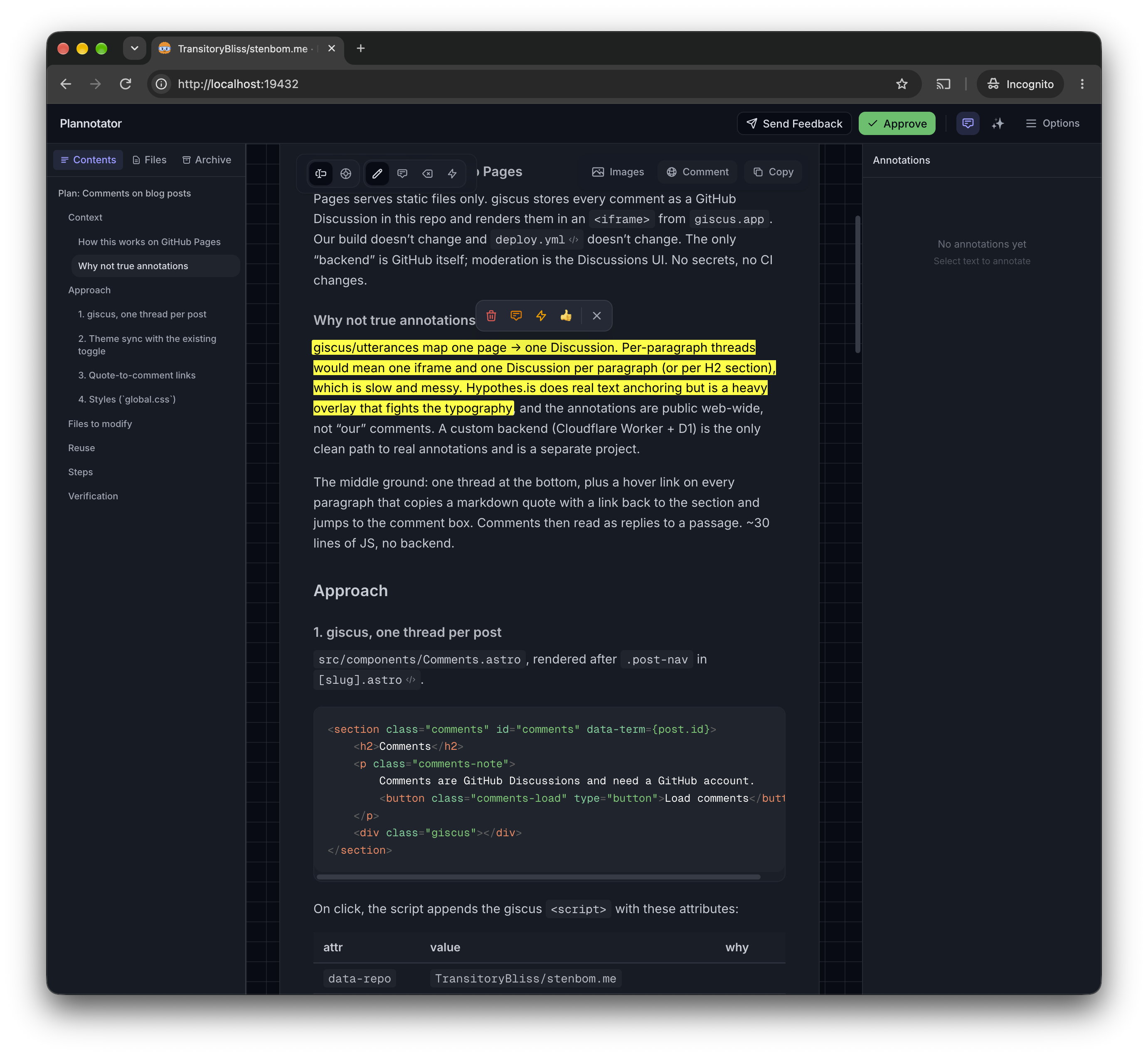 A plan open for review in plannotator in the browser