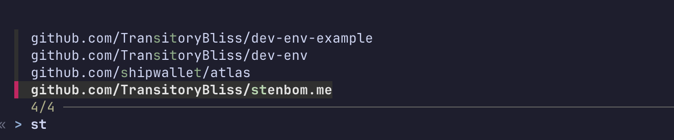 The repo function in a terminal: fzf lists four repos from ghq, filtered down by typing “st”, with stenbom.me highlighted